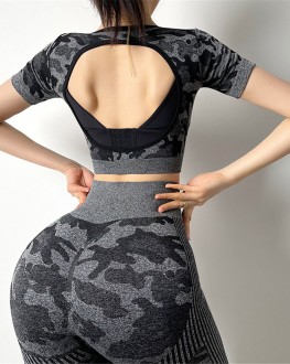 Women Sexy Back Crop Tops Short Sleeve Yoga Shirt